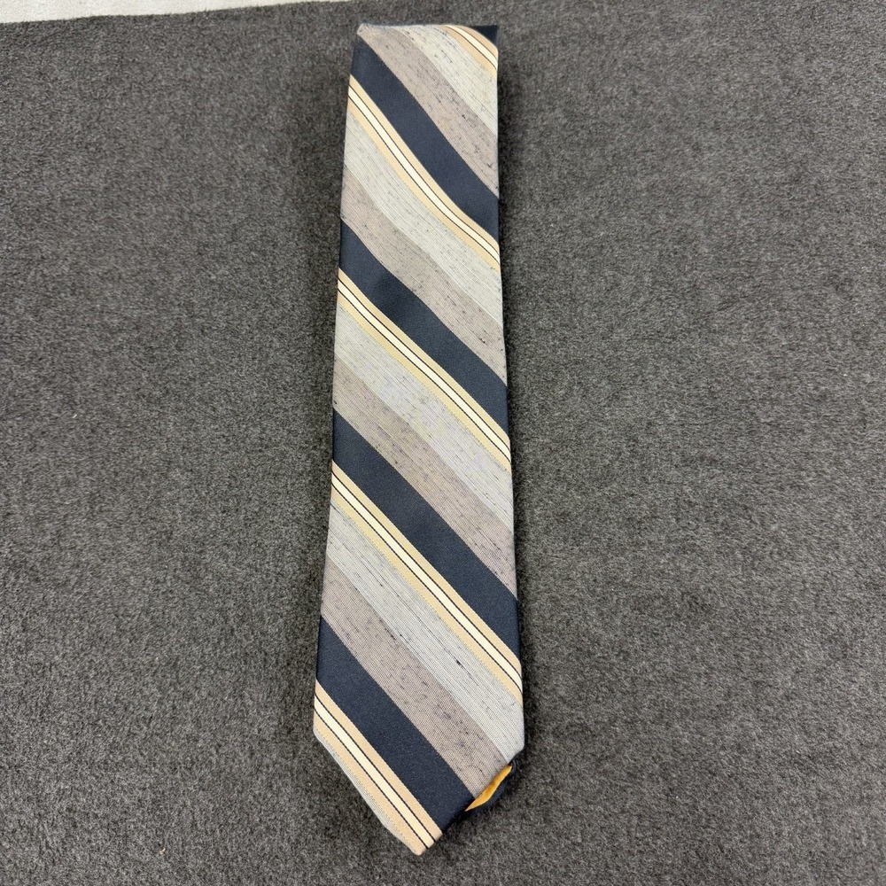 Vtg Damon Silk Blend Tie Mens Striped Raw Slub Texture Grey Navy Yellow 70s 80s